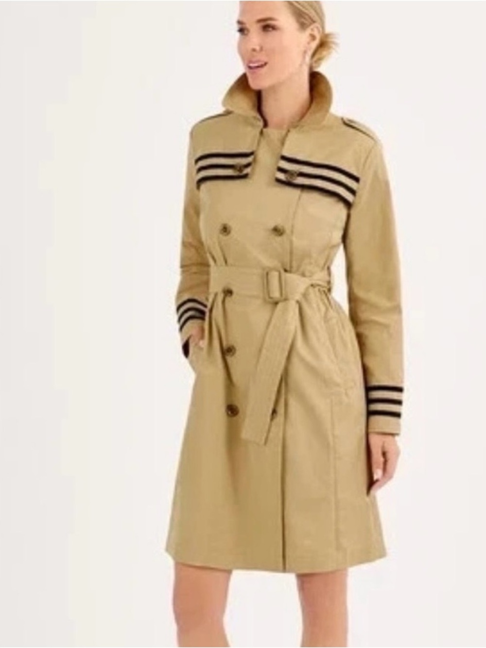 CAbi Runway Trench Coat Khaki With Black Stripes Double Breasted Size Medium